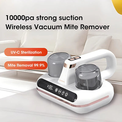Handheld vacuum cleaner for mattresses and upholstery, with powerful suction for dust mite removal.